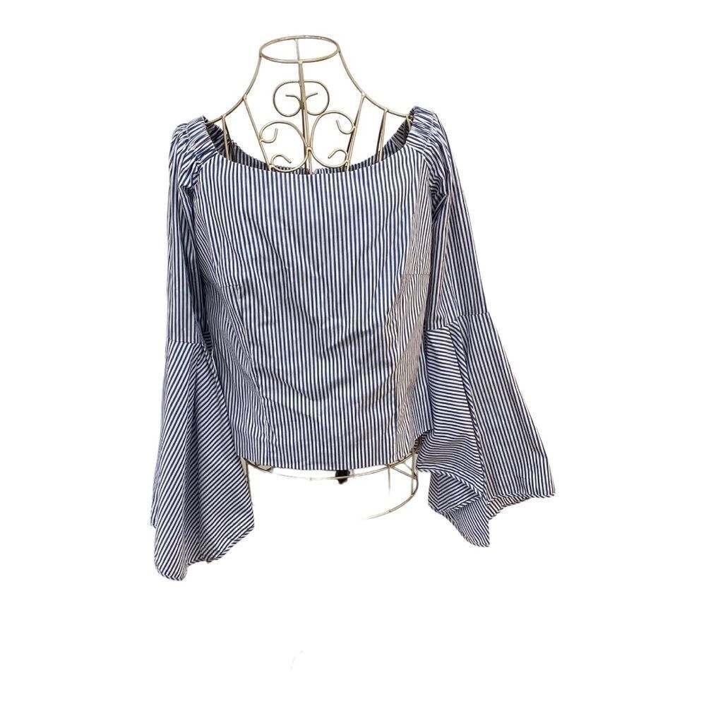 NWT Petersyn Harlan Blue White Stripe Cotton Blouse Bell Sleeve Top M